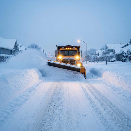 A snowplow clears a residential street on a snowy evening with houses and streetlights in the background.の写真素材