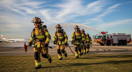 Firefighters in yellow gear running towards a fire truck on an airport tarmac with a plane in the...