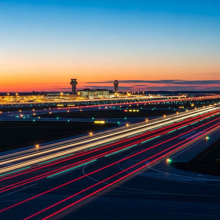 A bustling airport runway at sunset with vibrant light trails and a serene sky