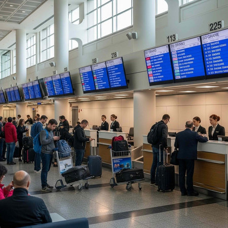 A bustling airport terminal with travelers checking in at counters and waiting for their flights