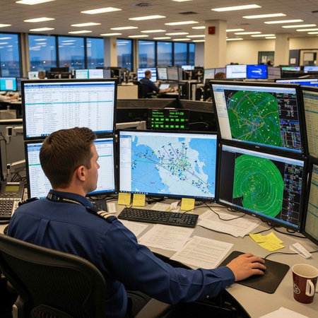 A man in a blue uniform sits at a desk with multiple computer monitors displaying maps and data in a...