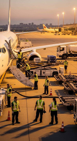 Airport ground crew in high visibility vests preparing an airplane for departure on a tarmac at dusk