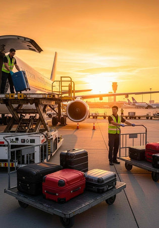 Airport workers loading luggage onto a plane at sunset on the tarmac with a beautiful orange sky