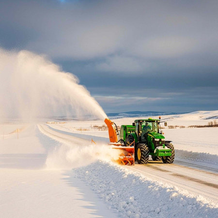 A green tractor clears snow from a rural road on a cloudy winter day with a large plume of snow