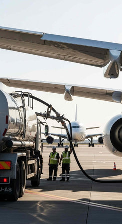 A fuel truck refueling an airplane on the tarmac at an airport with workers in high visibility vestsの写真素材