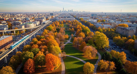 Aerial view of a vibrant city park with autumn foliage and a train passing byの写真素材