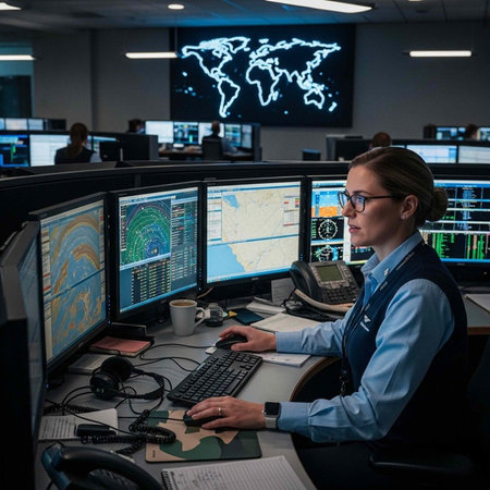 A woman in a blue shirt and vest works at a desk with multiple computer monitors in a modern office