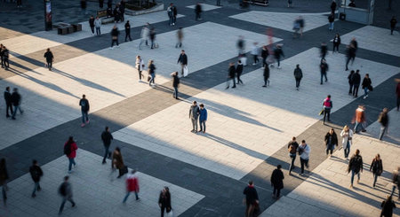 A bustling urban square filled with people walking in various directions on a sunny day