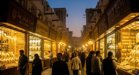 A bustling marketplace filled with people walking through a crowded street lined with gold shops at...