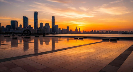 A serene cityscape at sunset with a modern skyline reflected on a wet tiled plaza by the oceanの写真素材