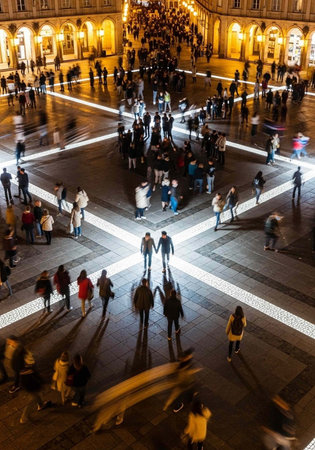 A bustling city square at night with people walking and standing around a large open area