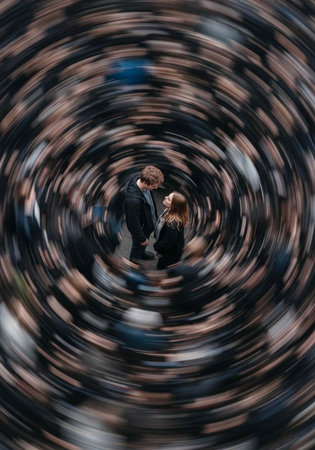 A young couple stands together in a crowded space with a creative swirling effect around them.
