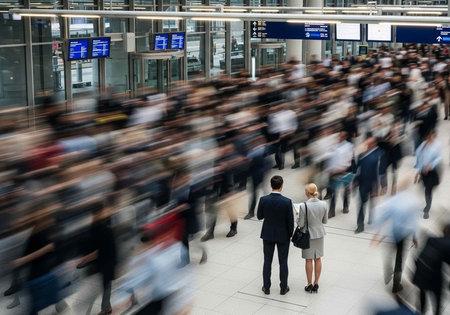 A busy airport terminal with a large crowd of people rushing to their gates