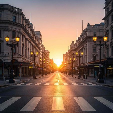 A serene city street at sunset with empty road and beautiful buildings
