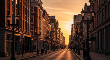 A serene city street at sunset with tall buildings and street lamps