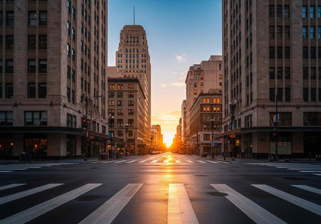 A serene cityscape at sunset with a clear blue sky and tall buildings lining the street