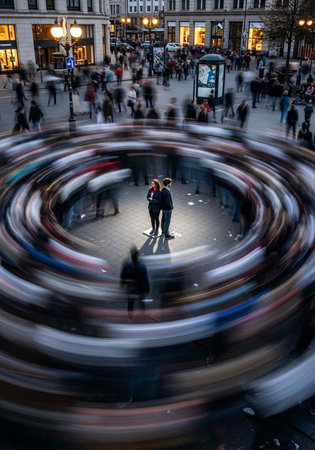 A couple stands together in a bustling city square at night, surrounded by blurred lights and...