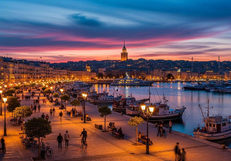 A serene cityscape at dusk with a waterfront promenade and boats docked in the harbor under a...