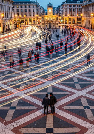 A couple stands together in a bustling city square at dusk, surrounded by vibrant light trails and...
