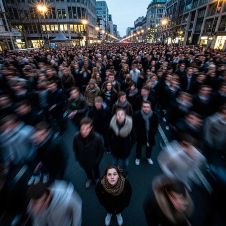 A young woman stands still in a bustling city street surrounded by a large crowd of people