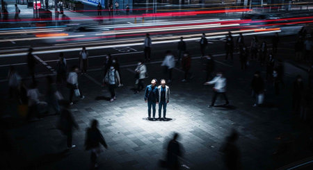 Two businessmen stand out in a crowded urban environment at night with a blurred background of moving people and lightsの写真素材