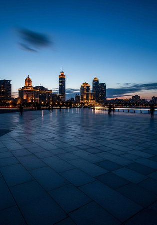 A serene cityscape at dusk with modern skyscrapers and a calm waterfront area
