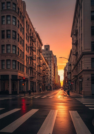 A serene city street at sunset with tall buildings and a peaceful atmosphereの写真素材