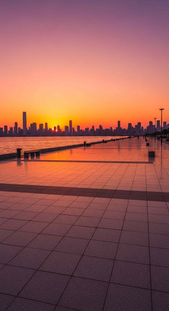 A serene cityscape at sunset with a waterfront promenade and a vibrant skyの写真素材