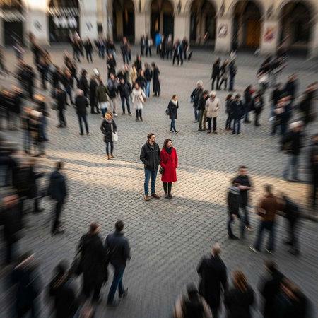 A couple stands out in a crowded public square with blurred motion around them.