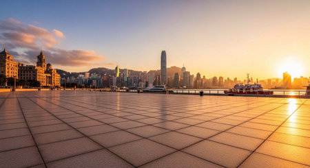 A serene cityscape at sunset with a large plaza and a stunning skyline in the backgroundの写真素材