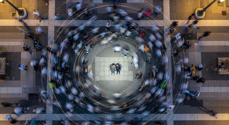 Aerial view of a bustling city square with people walking in a circular motion around a central area