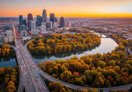 Aerial view of a city with a river and trees during sunset, showcasing urban landscape and natural beautyの写真素材