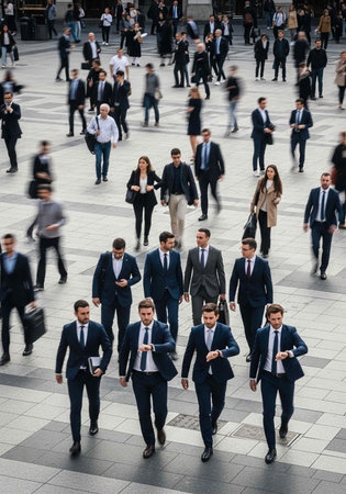 A large group of business professionals walking together in a bustling urban environment.