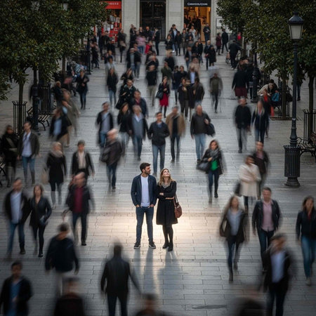 A bustling city street filled with people walking in all directions on a busy urban sidewalkの写真素材