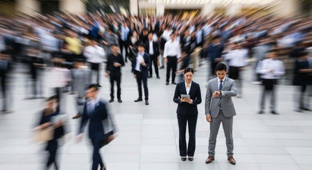 Two business professionals stand out in a crowded urban environment while checking their phones