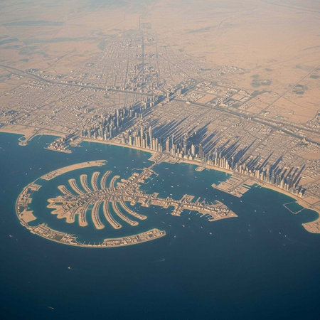 Aerial view of Palm Jumeirah, Dubai city, skyscrapers, and water