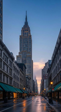A serene city street at sunset with a tall skyscraper in the background and wet pavement reflecting...