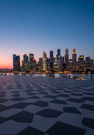 A city skyline at dusk with a modern plaza in the foreground and a vibrant blue skyの写真素材