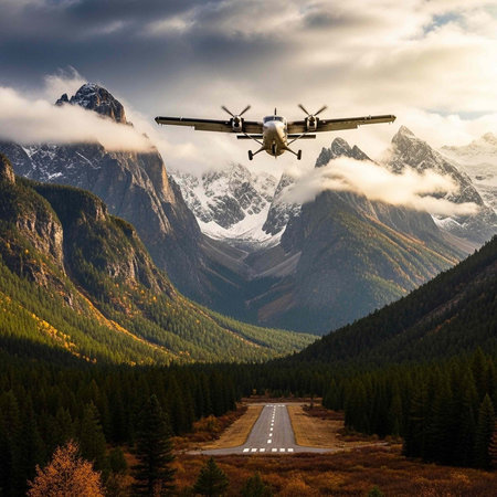 A small airplane flying over a mountainous landscape with a runway in the foreground surrounded by...