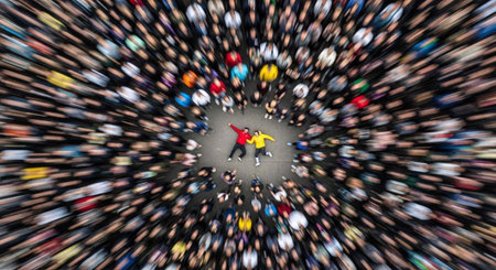 Aerial view of a vibrant crowd with two dancers in the center, surrounded by a sea of peopleの写真素材