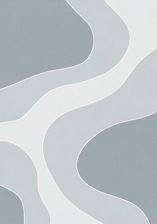 A modern abstract design featuring wavy gray and white lines in a minimalist style