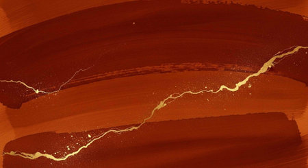 A close-up view of a brown and gold abstract painting with cracks and texture