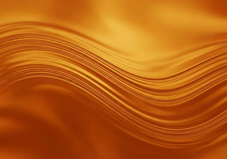 A vibrant and dynamic abstract image featuring wavy golden lines on a warm orange background