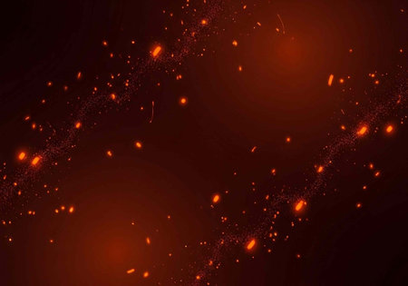 A vibrant and dramatic abstract image of glowing orange particles on a dark background