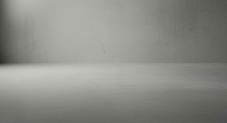 A minimalist gray room with a smooth floor and wall illuminated by a spotlight