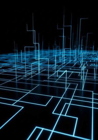 A futuristic digital landscape with glowing blue lines and geometric shapes on a black background