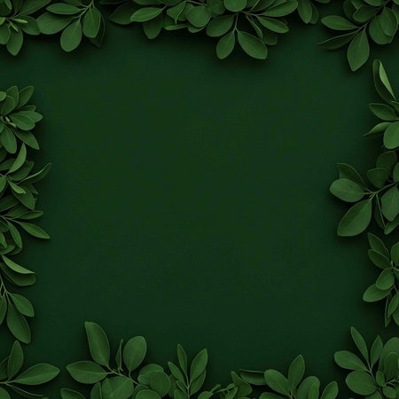 A dark green background with a leafy border and a natural, serene atmosphere