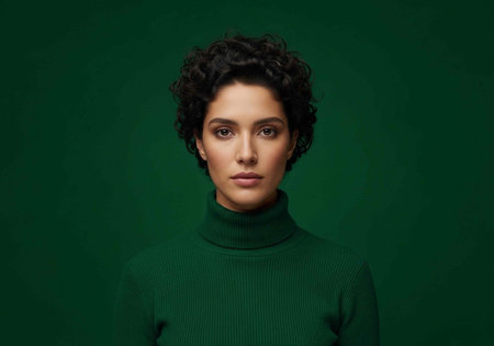 A young woman with short curly hair wearing a green turtleneck sweater stands against a solid green...