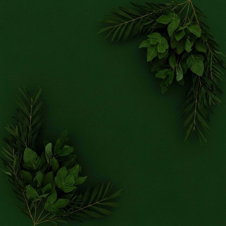A dark green background with lush green leaves arranged in a decorative corner pattern