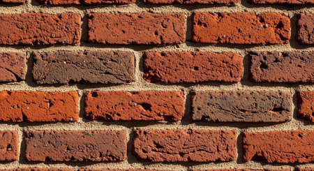 A close-up view of a textured red brick wall with mortar